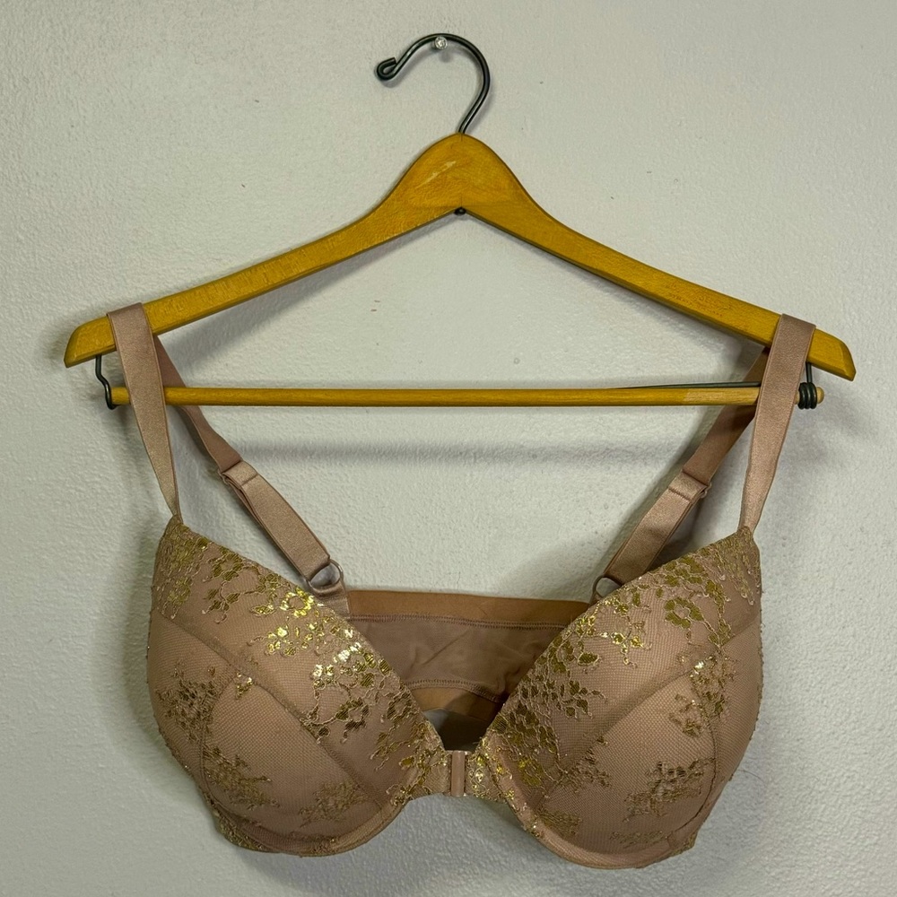 Neutral Nude Bra with Gold Floral Lace
